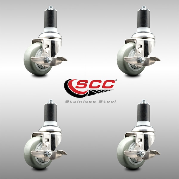 Service Caster 3 Inch 316SS Gray Poly Swivel 1-5/8 Inch Expanding Stem Caster Set Brake SCC SCC-SS316EX20S314-PPUB-TLB-158-4 - main